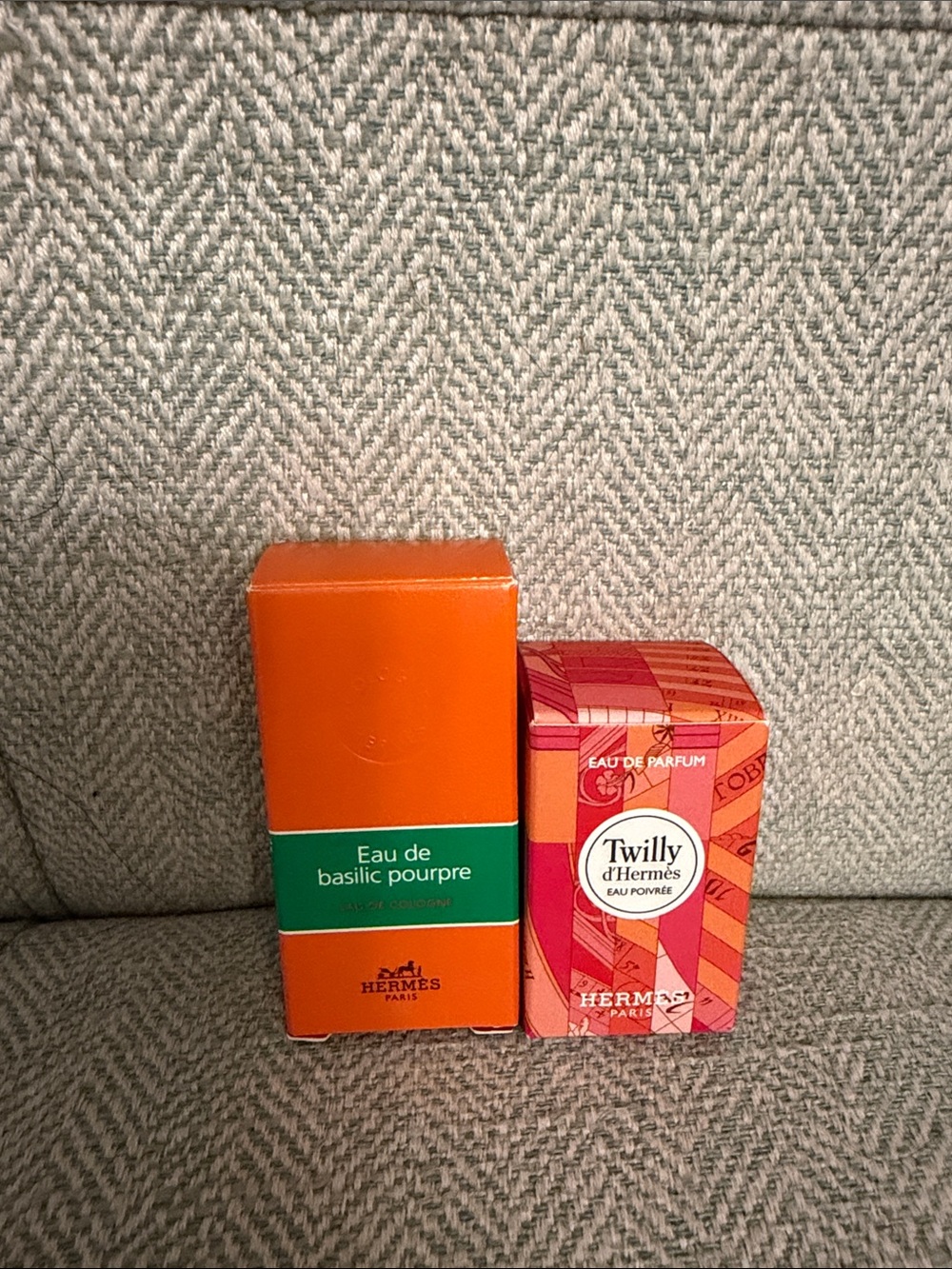 Hermes Eau de Basilic Pourpre & Twilly d'Hermes — Orange and Pink Boxes